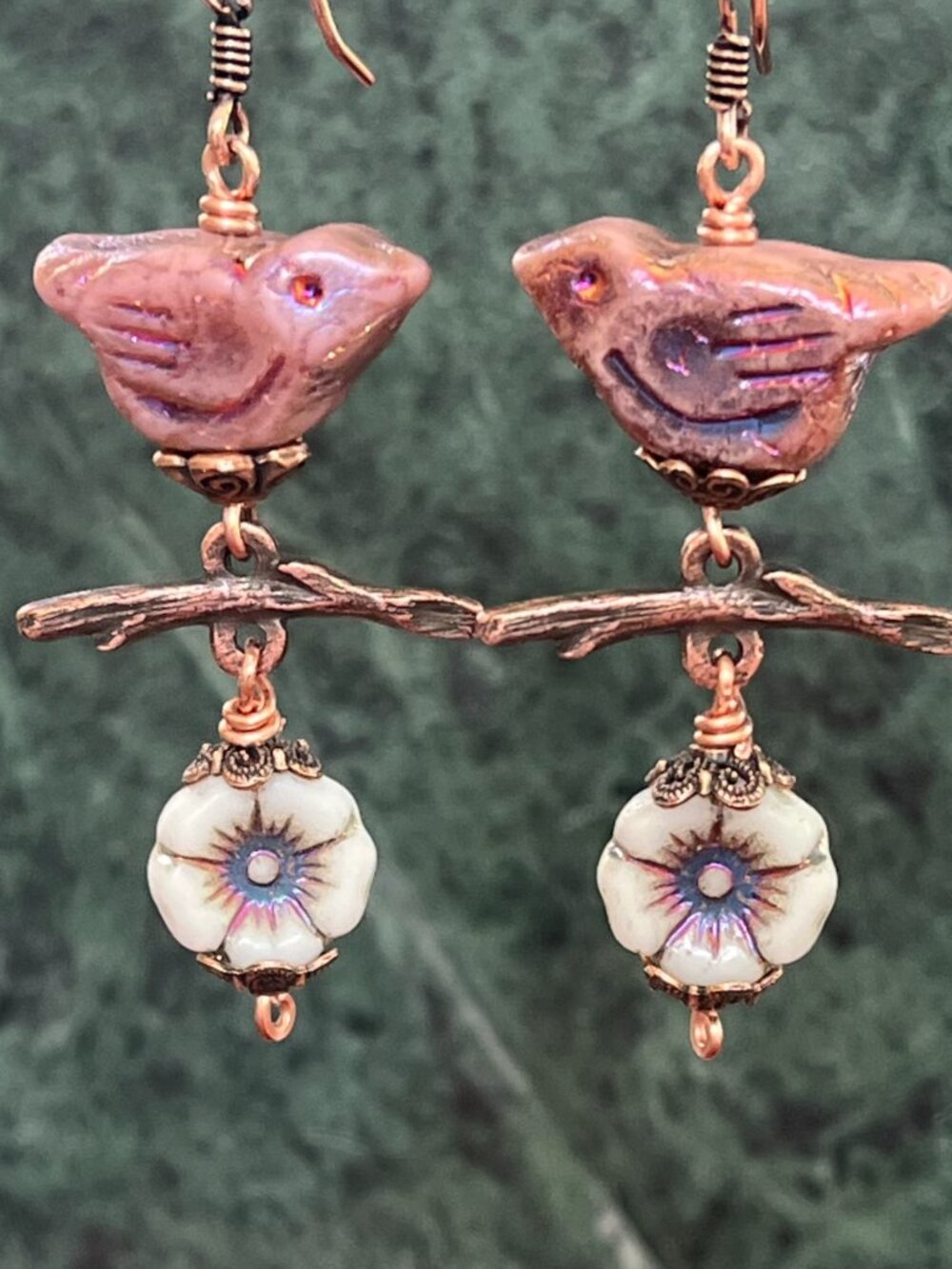 Whimsical Bird and Flower Earrings | Boho Nature Dangle Copper Earrings - Picture 3 of 9